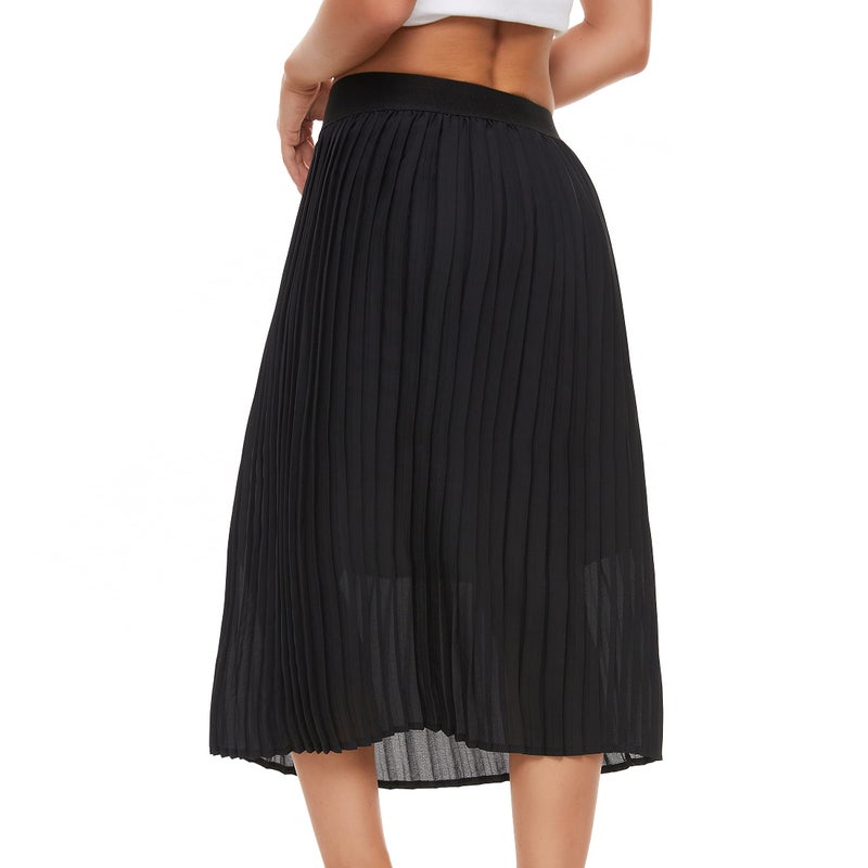 TEERFU Womens Pleated Midi Skirt,High Waist Swing Boho Pleated Skirt Casual Chiffon Elastic A-line Long Skirts (Black, Medium) - Image 5
